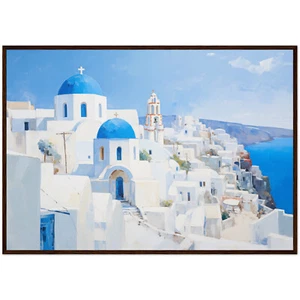 Santorini Painting Greece Art Print Blue-Domed Churches Impressionism Artwork - Picture 1 of 8