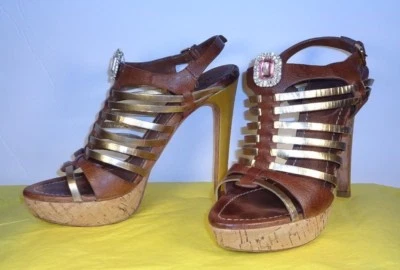 $925 Miu Miu желтовато-коричневый кожаный золотой с ремешками клетка пробковые платформы гладиатор 7,5 продажи!  - Изображение 1 из 4