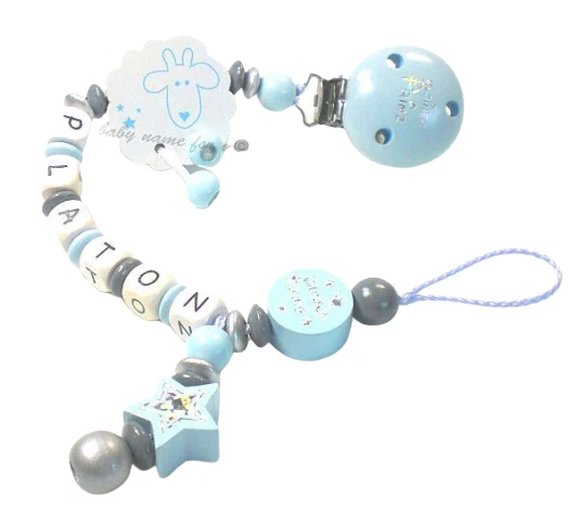 HANDGEFERTIGT Schnullerkette mit Namen Schaf Kleiner Prinz Wunschkind Stern Junge blau grau