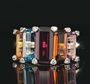 14K Yellow Gold Ring 5.65ct. Amethyst Blue Topaz Citrine In Emerald Shape - Picture 1 of 11