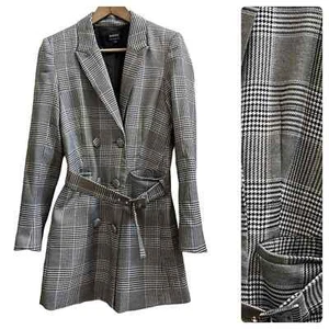 Bardot Gray Glenchek Monochrome Belted Double Breasted Trench Coat Size 6/Small - Picture 1 of 15