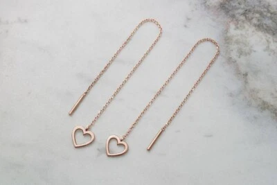 10K Rose Gold With Small Heart Long Chain Threader Wedding Earrings For Women's - Image 1 of 4