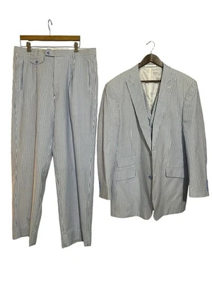 Traje Seersucker Royal Diamond Para Hombre 3 piezas Azul Blanco Rayas Talla 46R Pantalón 38X32 Foto 1 de 4