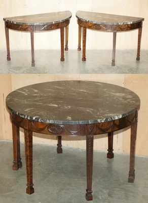 PAIR OF 19TH CENTURY MAHOGANY ADAMS DEMI LUNE WABI-SABI MARBLE CONSOLE TABLES - Image 1 of 4