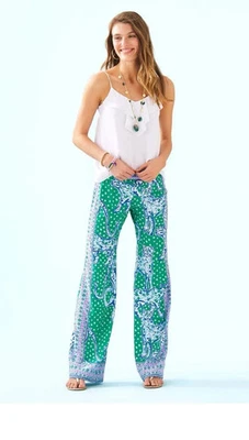 Lilly Pulitzer Bal Harbour Emerald Isle On The Prowl Pants Size L Boho Wide Leg - Image 1 of 4
