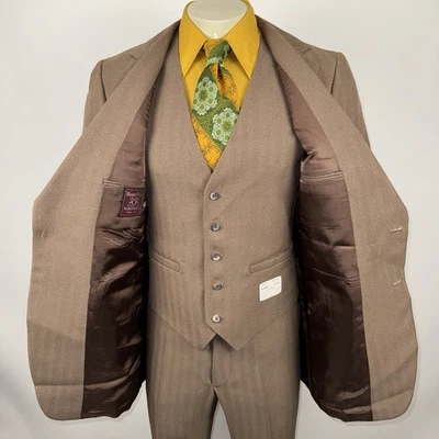 Vtg Warren Sewell Suit Mens 42 Long Jacket 37 Pants Unhemmed 70s Disco Polyester - Image 1 of 4
