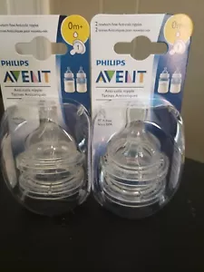 Lot Of 2 (4 Nipples) Philips Avent Anti Colic Baby Bottle Nipple 0M+ / 0 Month - Picture 1 of 3