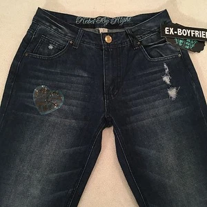 Rebel By Right Juniors Size 7 Ex-Boyfried Cuffed Jeans Sandblast Distressed NWT - Picture 1 of 8
