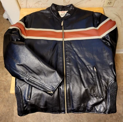 Wilson Leather M. Julian Cafe Racer Striped Black Motorcycle Jacket Size L - Image 1 of 4