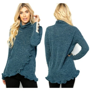 Boutique Ruffle Front Long Sleeve Button Trim Top Teal Blue S M L XL NEW - Picture 1 of 8