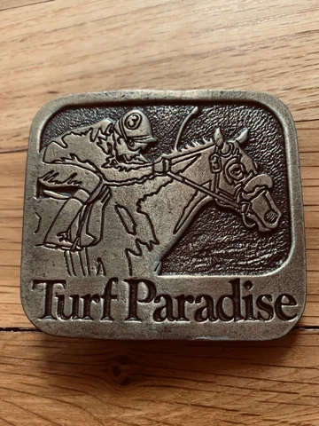 Metal TURF PARADISE Belt Buckle Brass Color Horse Racing Jockey Cover
