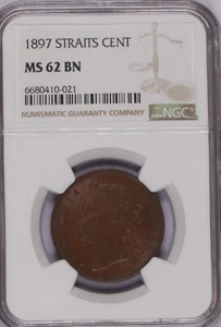 1897 Straits Cent NGC MS62 Brown. Free Shipping. - Picture 1 of 2