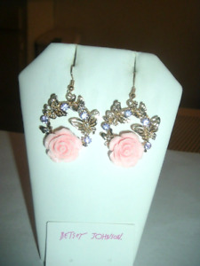 Pink ROSES Gold Hoop + BUTTERFLIES Crystals Betsey Johnson PIERCED Earrings-NWT