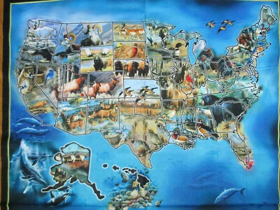 USA MAP STATES STATE ANIMAL FLOWER DIGITAL ART FLAG COTTON FABRIC PANEL - Image 1 of 4