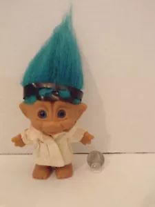 Russ Troll Doll~Vintage Ace~4"~Doctor~White Coat~Glasses~Blue Hair~Blue Eyes - Picture 1 of 4