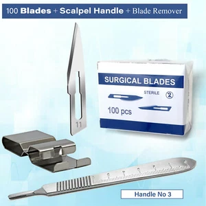 100 Sterile Blades #11 + Blade Remover + #3 Scalpel Handle Medical Dental Crafts - Picture 1 of 10