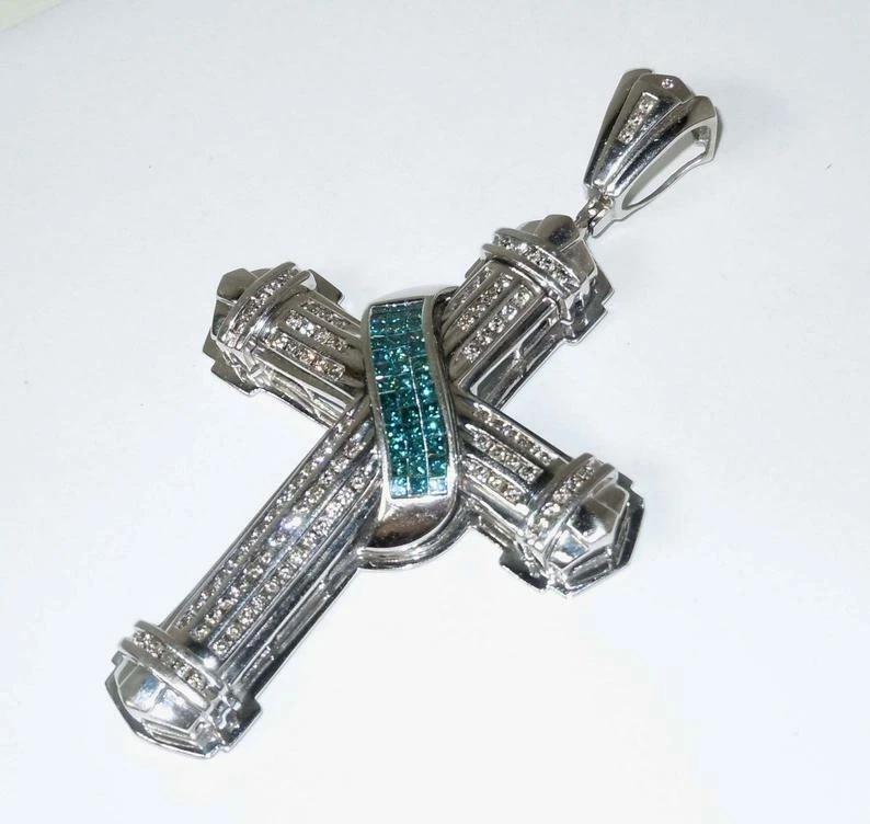 Enorme colgante grande gigantesco cruz zafiro azul y blanco de plata 925 de 1,38 quilates Foto 1 de 1