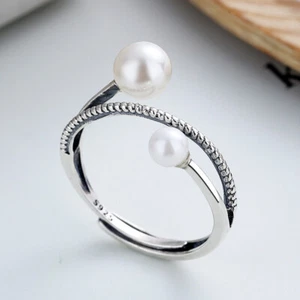 925 Sterling Silver Double White Pearl Ring Open Irregular Vintage Elegent Women - Picture 1 of 7