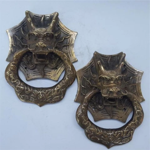 A Pair Exquisite Classical Chinese Feng Shui Copper Dragon Door Knocker Bells Cover