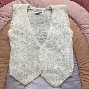 Vintage Saks Fifth Ave Preppy Cable Cream Knit Mohair Wool Vest Top Women’s M - Picture 1 of 8