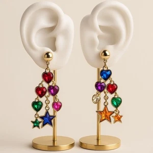 Pendientes colgantes de estrella y corazón multicolor de oro - Imagen 1 de 3