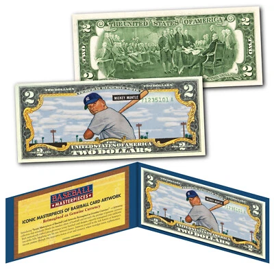 MICKEY MANTLE 1951 #253 NY Yankees iconic Trading Card Art on Genuine $2 US Bill - Image 1 of 3