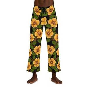 Men's Pajama Pants - Lounge Pants - Yellow Flowers - Green Floral Spring Pattern - Picture 1 of 5