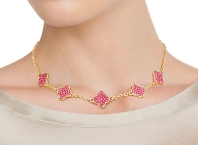 Four-Leaf Clover Pink Rhinestone Flower Pendant Necklace Station Chain Jewelry - Image 1 of 4