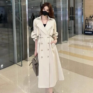 British Style Lapel Collar Double Breasted Womens Long Trench Coat Overcoat Belt - Picture 1 of 15
