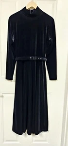 80S 90S Talbots Black Velour Velvet  mockneck long sleeve belt maxi dress size S - Picture 1 of 8