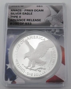 2021 W $1 Silver American Eagle Type II PR69 ANACS Advance Release #090 of 933 - Picture 1 of 9