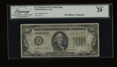 DBR 1934-A $100 FRN New York Mule Fr. 2153-Bm Legacy VF-20 Serial B08494175A - Image 1 of 2