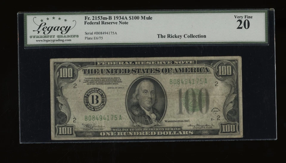 DBR 1934-A $100 FRN New York Mule Fr. 2153-Bm Legacy VF-20 Serial B08494175A - Image 1 of 2