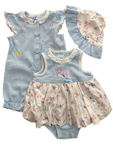 Little Me Baby Girls 3 Pc Floral Butterfly Popover Romper Hat Set Size 12 Months - Picture 1 of 6