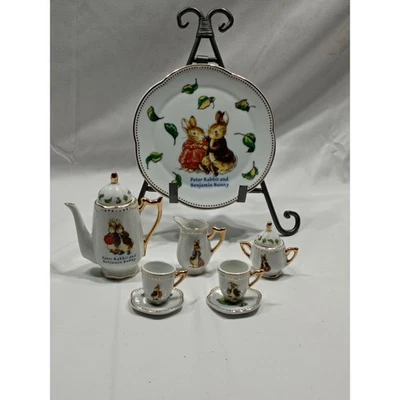 Peter Rabbit & Benjamin Bunny Tea Set Plate Pitcher Teapot 2 Cups Saucers - Image 1 of 4