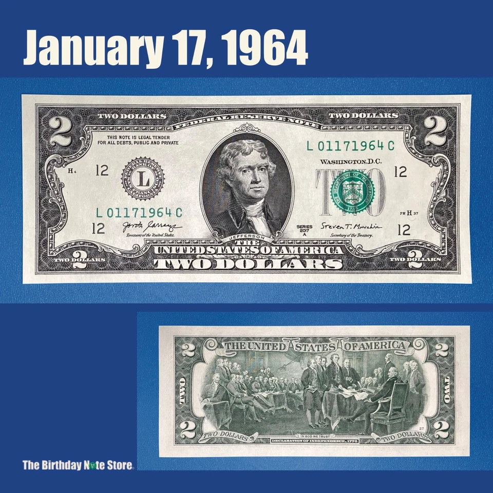 January 17, 1964 Birthday Anniversary $2 Two Dollar Bill Serial Number 01171964 - Image 1 of 2