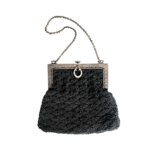 Antique Black Crochet Bag Silver Metal Etched Frame Edwardian 1910s Purse - Picture 1 of 12