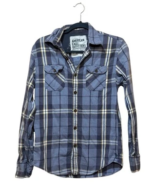 American Eagle Men’s XS Plaid Button Up Shirt Blue Gray Yellow Long Sleeve - Image 1 of 4