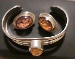 VTG Mexico Sterling 925 Amber Foil Cuff Bracelet & Pierced Earrings 66.57 G - Picture 1 of 8