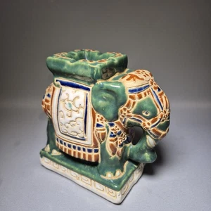 Vintage Asian Decorative Green/Brown/Blue Ceramic Elephant Ashtray Oriental Art - Picture 1 of 12
