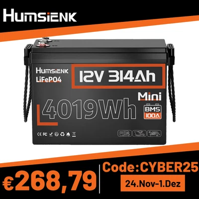 HumSienk 12V 314Ah LiFePO4 Akku Lithium Batterie 300Ah BMS 100A Solaranlage RV