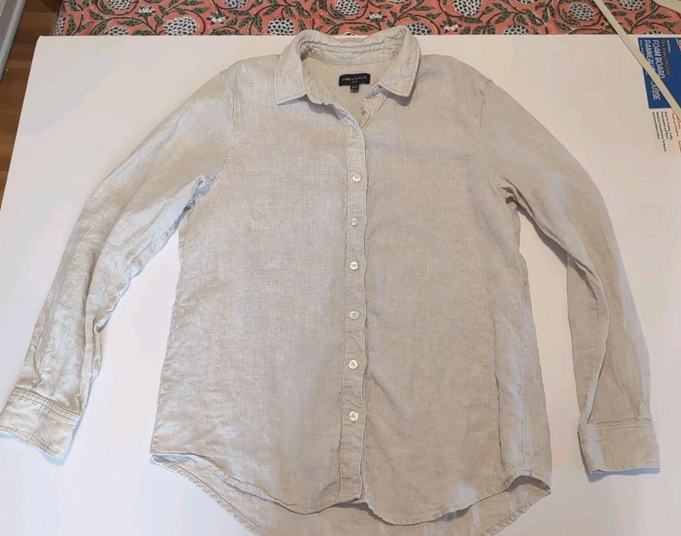 Camisa Top Lord & Taylor Lino Manga Larga Botón Frontal Estilo Safari Beige Grande Foto 1 de 4