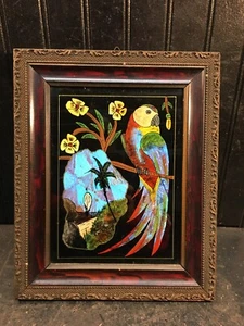 Vintage Mid Century Reverse Painting Parrot Bird Mexico Art in Wood Frame 10x12 - Picture 1 of 4