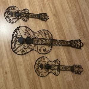 Vtg MCM 3pc SET HTF Scrolled Black Wrought Iron Guitars wall hanging 27.5”- 17” - Picture 1 of 9