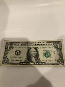Fancy Serial Number $1 Dollar Bill Five Trailing 4’s in a row L87544444 J 2013 - Picture 1 of 3