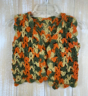 Chaleco Abierto Vintage '70 Niño Hecho a Mano Ganchillo Naranja Amarillo Aguacate Verde Foto 1 de 4