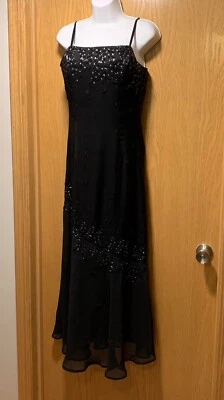 CACHE Black Sheer Beaded Asymmetrical Formal Long Evening Gown Dress Size 4 Y2K - Imagem 1 de 4