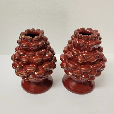 Dept. 56  Red Ceramic Pine Cone Candle Holders  5.5" Christmas Decor Set Of 2 - Image 1 of 4
