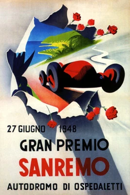 1948 Gran Premio San Remo Autódromo Di Ospedaletti Car Race Cartel de colección Repro Foto 1 de 3
