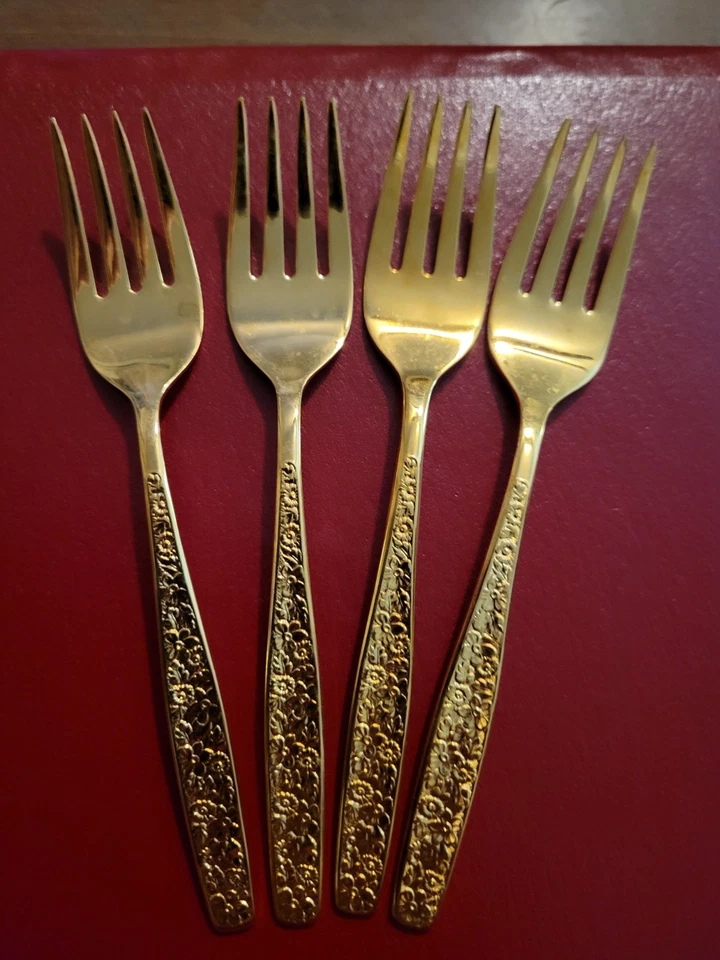 Rogers Cultury Co. "IS" 4pc Salad Fork Gold Plated Floral Pattern Flatware  - Image 1 of 3